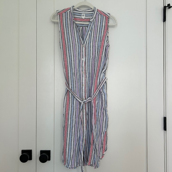 Gap Linen Blend Sleeveless Striped Midi Shirt Dress Blue Pink - Picture 1 of 3